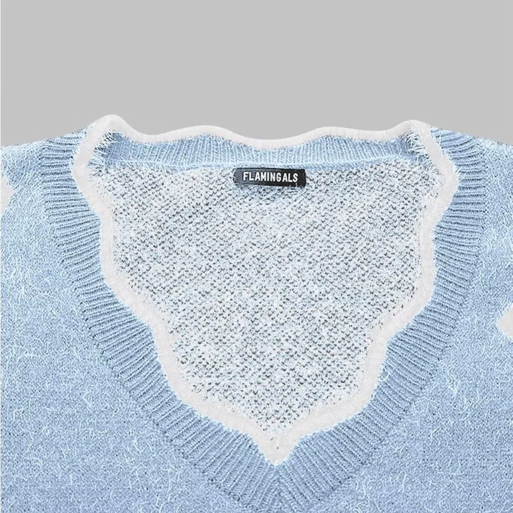 Light Blue Floral Fuzzy V-Neck Sweater - Picture 5 of 6